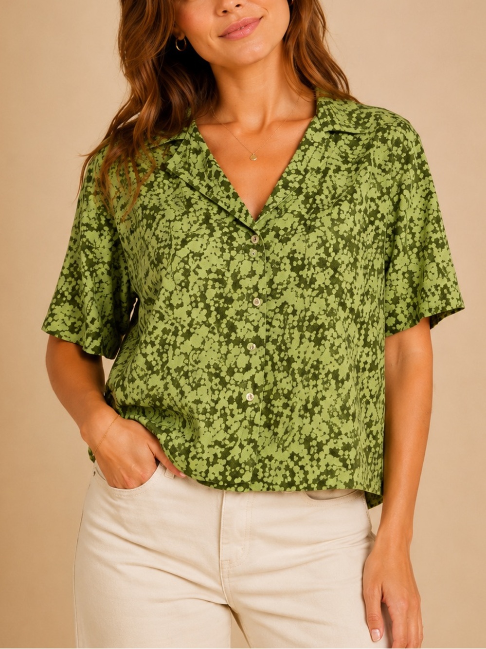 Abound EcoVero Green Abstract Print Cropped Camp Shirt Boxy Top S